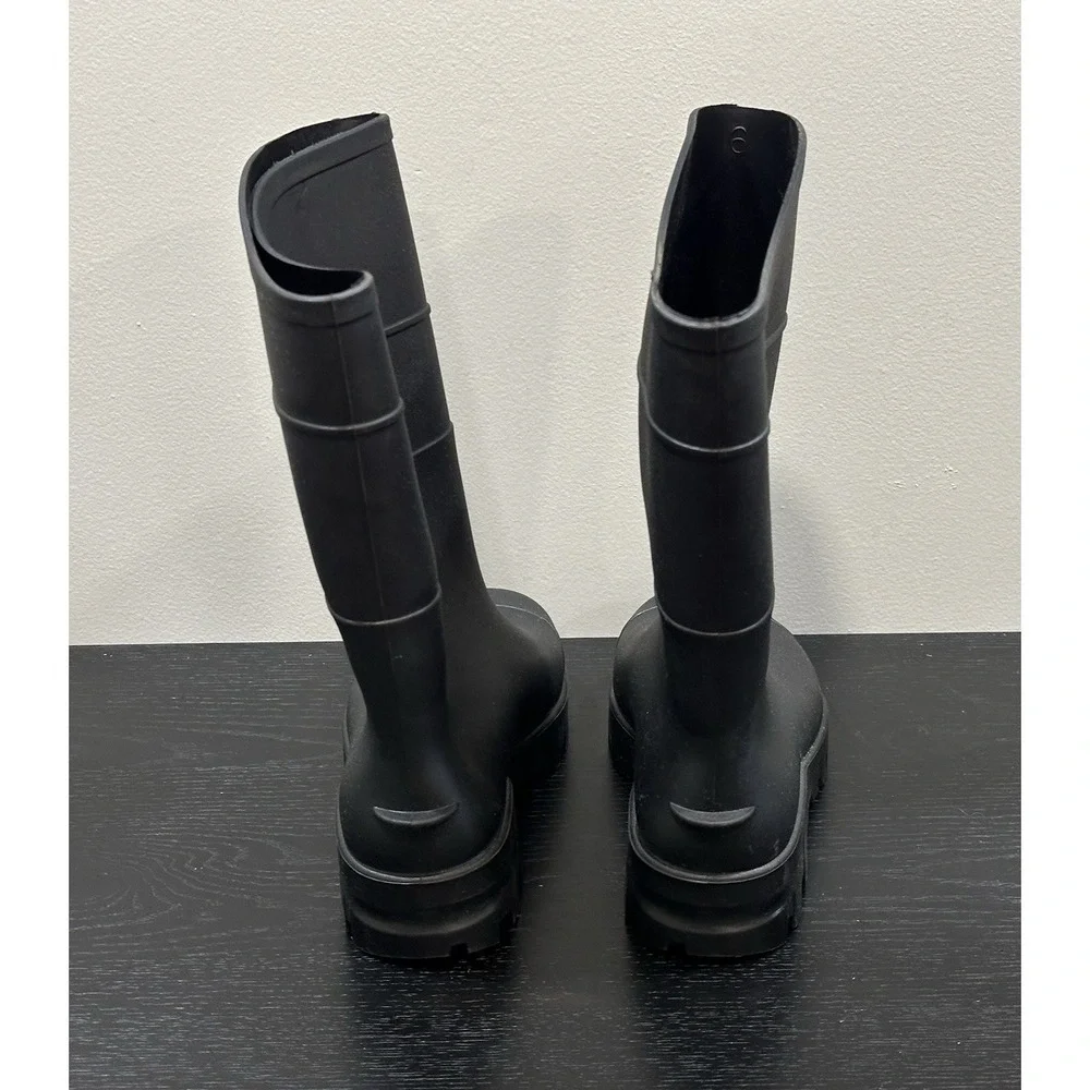 Black Rubber Waterproof Pull-On Mid-Calf Rain Boots Round Toe Mens 6 Woman's 8